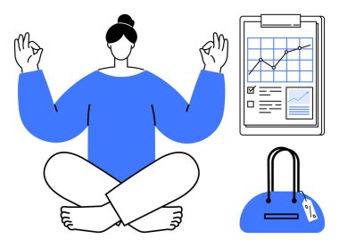 Lotus pozisyonunda meditasyon yapan bir kadın, grafikli bir pano ve şık bir çanta. İş hayatı dengesi, verimlilik, stres yönetimi, farkındalık, refah, zaman yönetimi kişisel