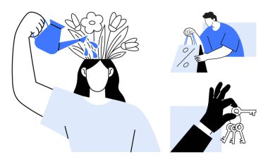 Başındaki çiçekleri sulayan kadın kişisel gelişimi simgeliyor, alışveriş torbalarını tutan kişi tüketiciliği vurguluyor, elele tutuşup fırsatları temsil ediyor. Kişisel gelişim için ideal