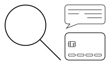 Büyüteç, kredi kartı ve sohbet baloncuğu inceliyor. Finans, çevrimiçi güvenlik, veri koruması, e-ticaret, müşteri desteği, bankacılık, siber güvenlik için ideal. Satır metaforu