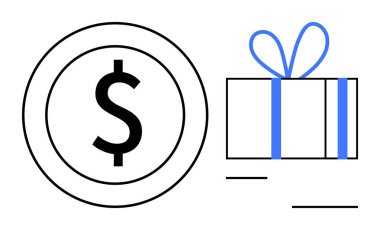 Mavi kurdeleli hediye kutusunun yanında dairesel paranın içinde dolar işareti var. Finansal hizmetler, hediyeler, ödüller, ikramiyeler, teşvikler, tatil promosyonları ve kutlamalar için ideal. Satır metaforu