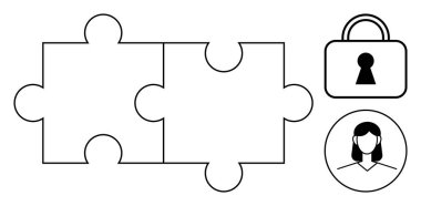 Bulmaca parçaları bağlandı, simge kilidi ve kullanıcı avatarı. Takım çalışması, problem çözme, güvenlik, mahremiyet, erişim kontrol kullanıcı kimliği siber güvenlik için idealdir. Satır metaforu