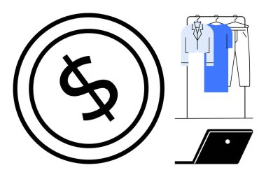 Asılmış giysiler ve açık dizüstü bilgisayarın yanında finans sembolü olan dolar işareti. Çevrimiçi alışveriş, e-ticaret, moda perakendecisi, finans teknolojisi, iş stratejisi, dijital pazarlama için ideal