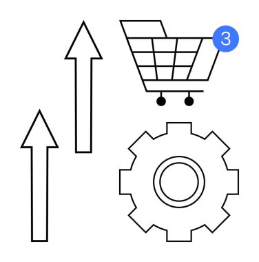 Yukarıya bakan oklar yeni güncellemeleri gösteren alışveriş arabası ve vites simgeleri bildirim baloncukları. Ecommerce, işletme büyümesi, ayarlar, bildirimler, çevrimiçi alışveriş, teknoloji geliştirme için ideal