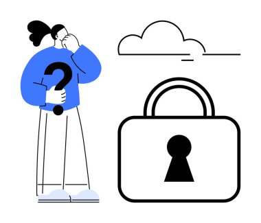 Üzerinde soru işareti olan düşünceli bir insan, güvenliği ve bulutu simgeleyen büyük bir asma kilitle belirsizliği temsil eder. Güvenlik, gizlilik, bulut hesaplama, veri koruması ve karar için ideal