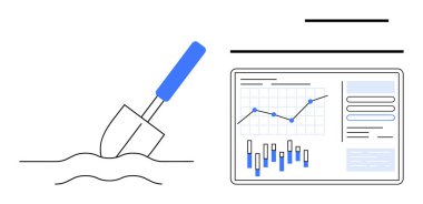 Tablolar, grafikler ve veriler içeren dijital ekranın yanındaki toprağı eşeleyen bahçe malası. İş stratejisi, büyüme, tarım sektörü, piyasa araştırması ve çevresel etki için ideal