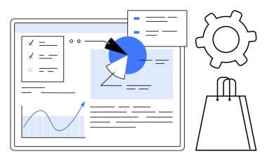 Grafikler, pasta grafiği, kontrol listesi, vites ve alışveriş çantasından oluşan bir iş paneli. İş stratejisi, analitik, e-ticaret, pazarlama verimlilik projesi yönetimi ve teknoloji için ideal