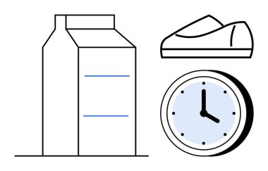 Süt kutusu, mavi yüzlü duvar saati ve bir çift ayakkabı. Sabah rutin temaları, sağlık, dakiklik günlük alışkanlıklar, beslenme, zaman yönetimi, fitness için idealdir. Satır metaforu