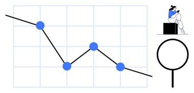 Veri noktalarıyla aşağıya doğru trend çizgisi grafiği, bilgiyi inceleyen iş adamı, büyüteç. Pazar analizi için ideal, mali raporlar, araştırma, eğitim, iş stratejisi, veri