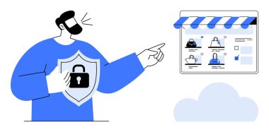 Adam kalkanı kilit simgesiyle tutuyor, online alışveriş sitesini işaret ediyor. E-ticaret güvenliği, siber güvenlik, çevrimiçi alışveriş, veri koruması, teknoloji dersleri, bulut güvenliği, dijital güven için ideal