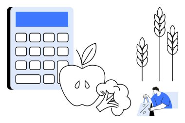 Elma, brokoli, buğday sapı ve alışveriş aletinin yanına hesap makinesi. Bütçe, market alışverişi, sağlıklı beslenme, tarımsal ev ekonomisi kişisel finans gıda sürdürülebilirliği için idealdir. Çizgi