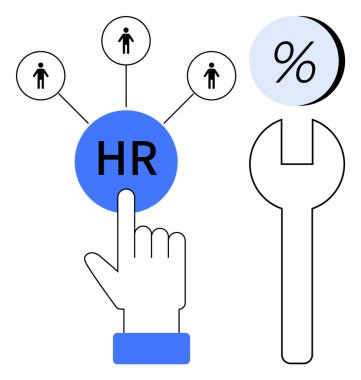 Çalışan simgelerine, yüzde sembollerine ve anahtar aletine bağlanan İnsan Kaynakları düğmesine el işareti. İdeal İK yönetimi, çalışan analizleri, işe alım, iş gücü planlaması, performans takibi, maaş bordrosu