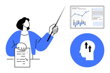 İş adamı, sunum ekranına grafikler ve grafiklerle bakıyor, elinde kağıt tutuyor. İş eğitimi, veri analizi, eğitim, kurumsal stratejiler, büyüme zihniyeti, finans