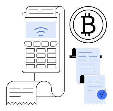 Faturalı dijital ödeme terminali, Bitcoin sembolü ve üzerinde kontrol işareti olan işlem makbuzu. Kripto para birimi için ideal, dijital ödemeler, fintech, online işlemler, e-ticaret. Basit.