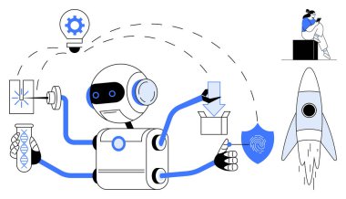 Robot DNA testi, veri indirme ve parmak izi tanıma üzerinde çalışıyor. Ampul fikri, tabletli bir insan ve roketin fırlatılması. Teknoloji, bilim kurgu, yenilik bilimi araştırması için idealdir.