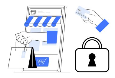 Alışveriş torbaları, el ele tutuşan kredi kartları ve dijital güvenlik kilidi olan mobil cihazlar. E-ticaret, çevrimiçi alışveriş, mobil uygulamalar, dijital işlemler, güvenli ödemeler, perakende satış için ideal