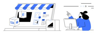 Çevrimiçi alışveriş sitesi, ürün listeleri, alışveriş arabası ve masaüstü bilgisayarında gezinen teslimat kutulu kadın. E-ticaret, çevrimiçi alışveriş, perakende, dijital pazarlama, web tasarımı, kullanıcı