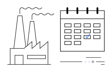 Takvimin yanında baca tüttüren bir fabrika, planlanan üretimi veya planlamayı ön plana çıkarıyor. Üretim saatleri, üretim programları, endüstriyel planlama, iş teslim tarihleri için ideal