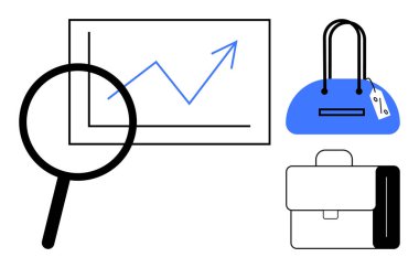 Yukarı bakan grafiğe odaklanan büyüteç etiketli mavi çanta ve beyaz evrak çantası. İş, finans, perakende, analiz, büyüme pazarı araştırmaları için idealdir. Satır metaforu