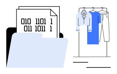 Digital file folder containing binary code and documents next to a clothing rack with shirts and pants. Ideal for online shopping, data storage, fashion tech, cybersecurity, organization clipart