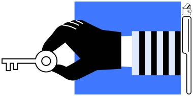 Mavi kare arka planda, çizgili kollu, el ele tutuşan anahtar. Güvenlik, erişim, çözümler, kilidi açmak, fırsat, geçit mahremiyeti için ideal. Satır metaforu