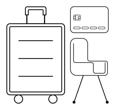 Minimalist çizgiler bir bavul, kredi kartı ve ofis sandalyesini gösteriyor. Seyahat, iş, uzaktan çalışma, ofis kurulumu, internet işlemleri fintech ve kurumsal yaşam tarzı için ideal. Satır metaforu