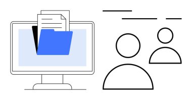 Bilgisayar monitörü, işbirliğini sembolize eden kullanıcı profillerinin yanı sıra, dokümanlarla birlikte dizini gösteriyor. Takım işbirliği, veri yönetimi, çevrimiçi çalışma alanı, belge paylaşımı, kullanıcı arayüzü için ideal