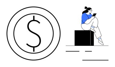 Tablet kullanan ve kutuda oturan bir kadının yanında yüklü miktarda para. Finans, yatırım, dijital ekonomi, uzaktan çalışma, finansal planlama, eğitim ve teknoloji için ideal. Satır metaforu