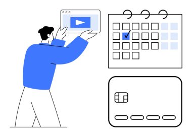 Bir elinde video oynatıcı sekmesi olan ve üzerinde kontrol işareti olan bir takvime bakan kişi. Kredi kartı aşağıda. Zaman yönetimi, programlama, çevrimiçi öğrenme, video üretimi, e-ticaret için ideal