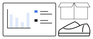 Çubuklu grafikler, renk kodlu veriler, açık nakliye kutusu ve ürün satışlarını ve lojistiği temsil eden ayakkabı ikonu. E-ticaret, perakende analizi, lojistik planlaması, nakliye takibi, iş için ideal