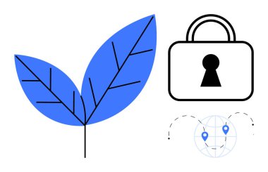 Mavi yaprak sürdürülebilirliği simgeliyor, siyah kilit güvenliği simgeliyor, ve lokasyon iğneleriyle küresel bağlantıyı simgeliyor. Teknoloji, çevre, siber güvenlik ve uluslararası için ideal