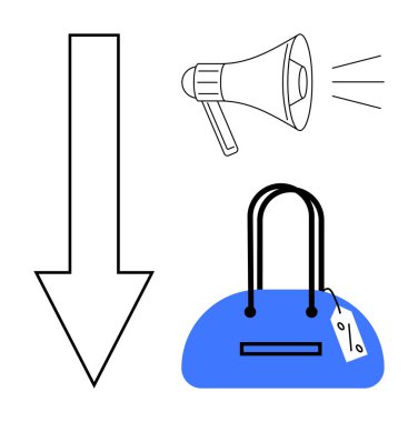 Aşağıya bakan ok, ses hatlı megafon ve fiyat etiketli mavi alışveriş çantası. Perakende, pazarlama, satış, promosyon, tüketici davranışı reklamcılığı ve e-ticaret kavramları için idealdir. Çizgi