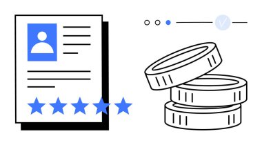 Profil fotoğrafı, metin ve beş yıldızlı notla devam edin. Yanında da üç bozuk para. İşe alım için ideal, kariyer başarısı, iş değerlendirmesi, çalışan performansı, mali ödüller, profesyonel