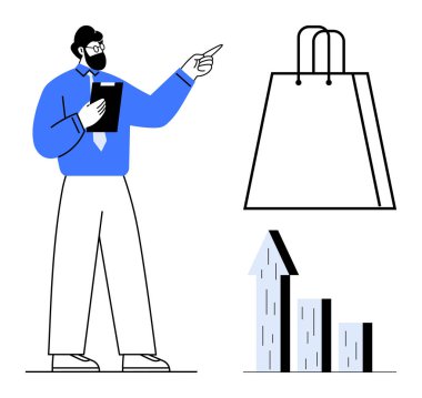 Elinde pano tutan bir işadamı, yükselen çubuk grafiğini okla gösteriyor, yakınlarda bir alışveriş çantası var. Ticari büyüme, analitik, perakende, strateji, piyasa araştırmaları için ideal ekonomik trendler. Çizgi
