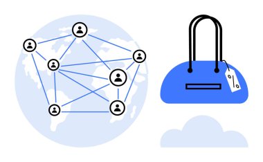 Dünya haritasında, üzerinde fiyat etiketi olan mavi bir el çantasının yanına küresel olarak bağlanan kullanıcı simgeleri ağı. E-ticaret temaları, çevrimiçi alışveriş, küresel bağlantı, dijital pazarlama, sosyal