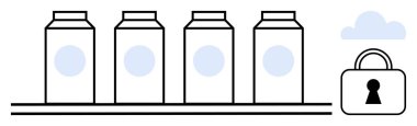 Dört süt kutusu bir rafta, kilit ve bulutun yanında. Veri güvenliği, depolama, teknoloji, bulut hesaplama, koruma, yedekleme, mahremiyet için ideal. Satır metaforu