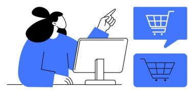 Alışveriş arabası ikonlarıyla ekranda bilgisayar puanları üzerinde çalışan bir kadın. E-ticaret, çevrimiçi alışveriş, dijital pazarlama, perakende ticaret, teknoloji, müşteri hizmetleri ve kullanıcı deneyimi için ideal