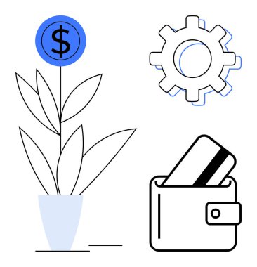 Bozuk para sembollü saksı bitkisi, cüzdanda kredi kartı ve dişli ikonu. Finans, yatırım, tasarruf, bankacılık, ekonomik büyüme finansal planlama ve iş stratejileri için ideal. Satır metaforu