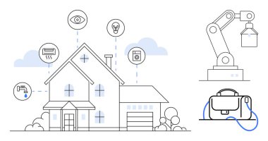 Güvenlik, ısıtma, ışıklandırma ve cihazlar gibi çeşitli bağlantılı cihazları olan akıllı bir ev. Robot kol, şarj kablosu dolu çanta. Teknoloji, otomasyon, IOT, ev otomasyonu, bağlantı için ideal