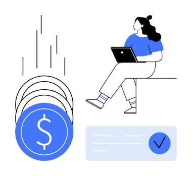 Görevin tamamlandığını belirten para sembolleri ve işaretler üzerinde otururken dizüstü bilgisayar kullanan bir kadın. Finans, iş analizi, uzaktan çalışma, serbest çalışma, çevrimiçi bankacılık, finansal planlama için ideal