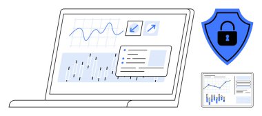 Bilgisayarda güvenlik kalkanı ambleminin yanında çizelgeler ve grafikler ve mini çizelge paneli var. Veri güvenliği, bilişim, iş sunumları, raporlar, analitikler, bilgi koruması için ideal