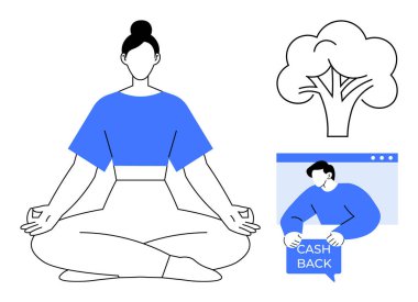 Oturarak meditasyon yapan bir kadın, ağaç sembolü ve sağlık, doğa ve maddi fayda öneren bir web sayfasında nakit para levhası olan biri. Farkındalık, doğa ve refah için ideal.