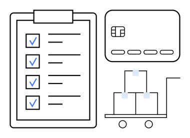 Mavi işaretli kontrol listesi, bir kredi kartı ve kutularla dolu bir teslimat arabası. Lojistik, e-ticaret, envanter yönetimi, nakliyat, ödeme işlemleri ve görev organizasyonu için ideal