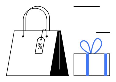 İndirimli etiketli alışveriş çantası ve mavi kurdeleli hediye kutusu perakende satış ve hediye fikirleri. Perakende satış için ideal, online alışveriş, tatil promosyonları, e-ticaret, satış etkinlikleri, hediye paketleme