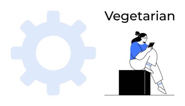 Woman in blue shirt and seated on box reading tablet next to large gear and Vegetarian text. Ideal for technology, lifestyle, healthy living, reading, modern life, leisure activities clipart