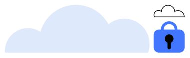 Büyük mavi bulut ve daha küçük kara bulutların altında kara anahtar deliği olan mavi asma kilit. Siber güvenlik, veri koruması, çevrimiçi depolama, bulut hesaplama ve mahremiyet için ideal. Basit modern biçim