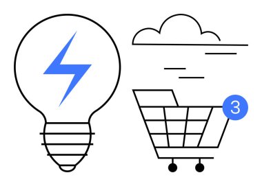 Mavi ışıklı ampul, yatay çizgili bulut, üç tebligatlı alışveriş arabası. E-ticaret, yenilik, çevrimiçi alışveriş, teknoloji, bulut hizmetleri, bildirimler için ideal