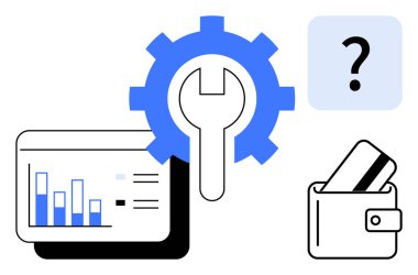 Çubuk grafikli mali veri analizi, anahtarlı teçhizat, cüzdanında kredi kartı ve soru işareti sembolü. Finansal yönetim, teknik destek, sorun giderme, bütçe ve analitik için ideal