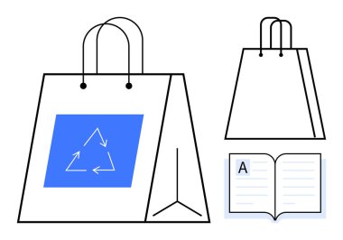Geri dönüşüm sembollü çevre dostu alışveriş torbası, alışveriş çantasının yan görünüşü ve kitapla birlikte açık kitap. Sürdürülebilirlik, çevre dostu uygulamalar, geri dönüşüm, eğitim, çevre bilinci için ideal