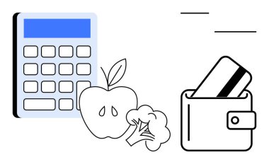 Calculator next to apple and broccoli with wallet holding a credit card. Ideal for budgeting, finance, grocery shopping, healthy eating, personal finance, meal planning, saving money. Line metaphor clipart