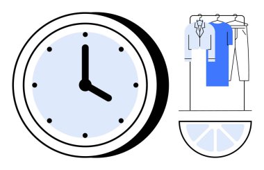 Duvardaki saat, pantolon ve gömlekler de dahil, asılı kıyafetlerin yanında zaman gösteriyor. Zaman yönetimi, organizasyon, rutin planlama, verimlilik, günlük program, dakiklik, yaşam tarzı için ideal. Çizgi